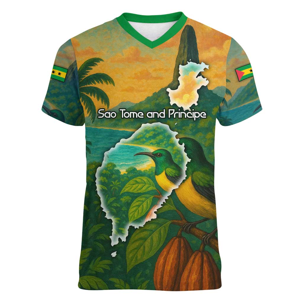 Sao Tome and Principe Tropical Island Women V-Neck T-Shirt with Bird and Cocoa Forest Print