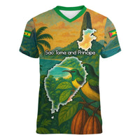 Sao Tome and Principe Tropical Island Women V-Neck T-Shirt with Bird and Cocoa Forest Print