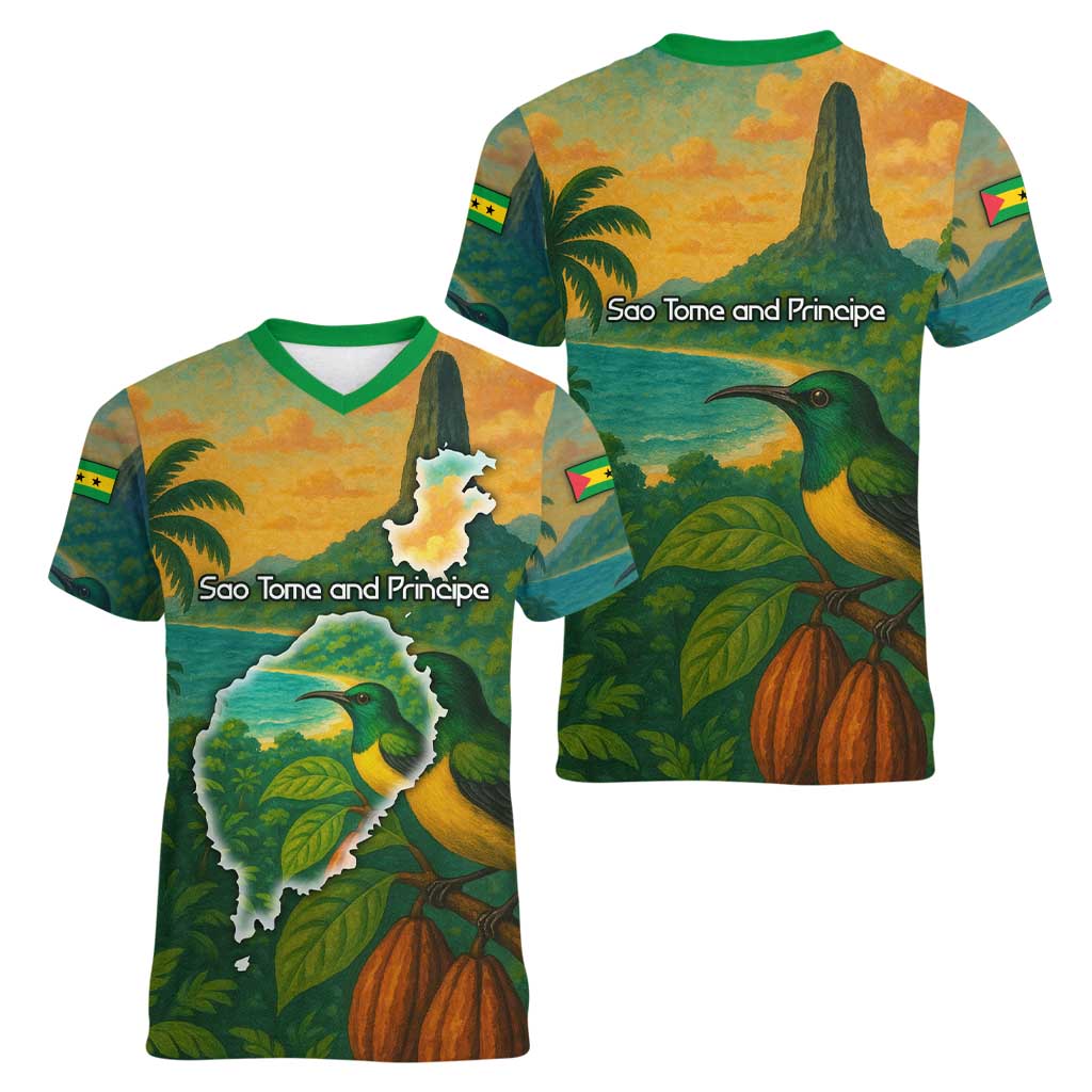 Sao Tome and Principe Tropical Island Women V-Neck T-Shirt with Bird and Cocoa Forest Print