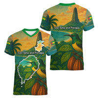 Sao Tome and Principe Tropical Island Women V-Neck T-Shirt with Bird and Cocoa Forest Print