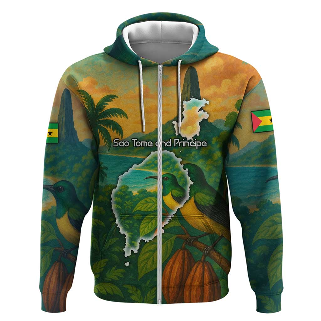 Sao Tome and Principe Tropical Island Zip Hoodie with Bird and Cocoa Forest Print