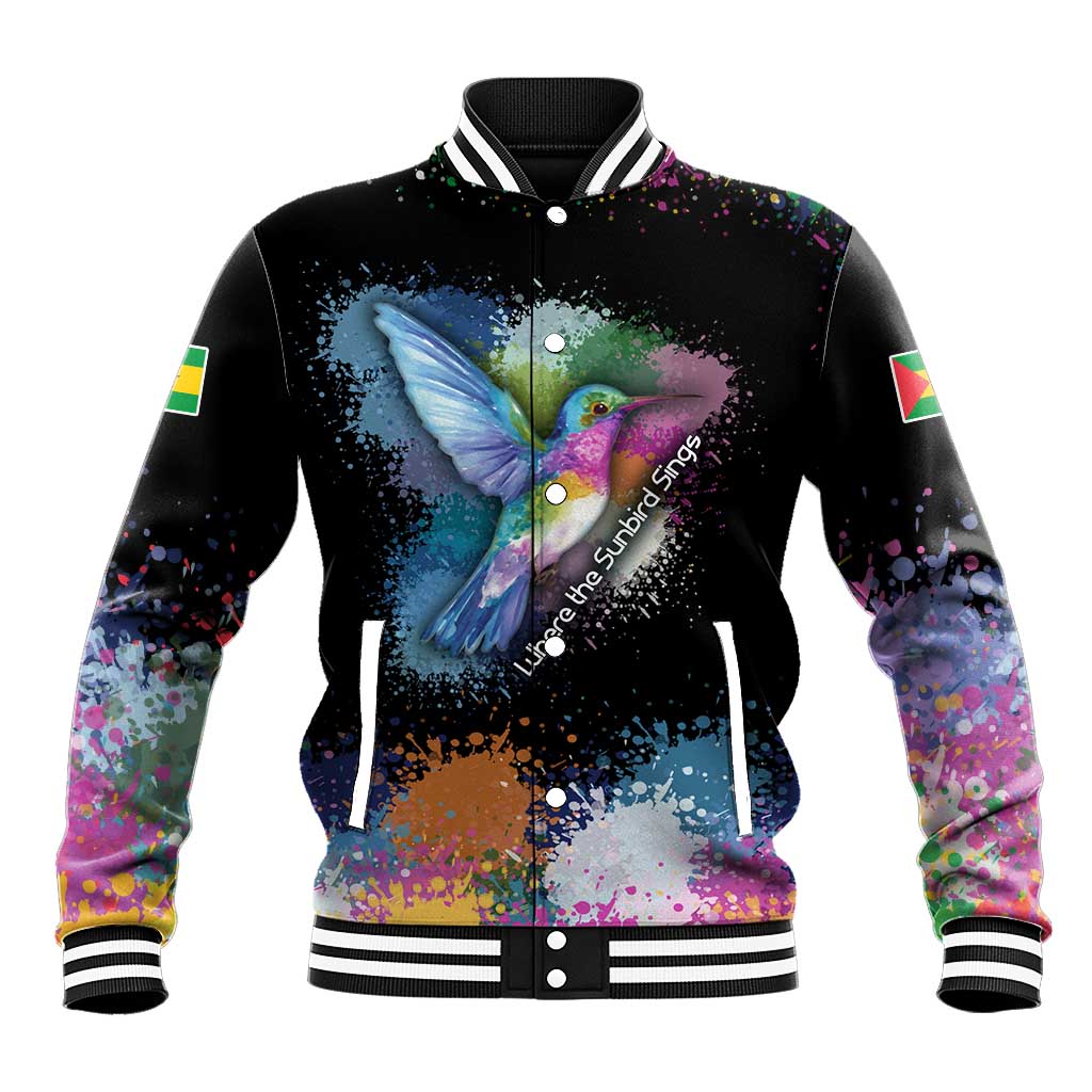 Where the Sunbird Sings Baseball Jacket with Sao Tome and Principe Flag and Color Splash Art