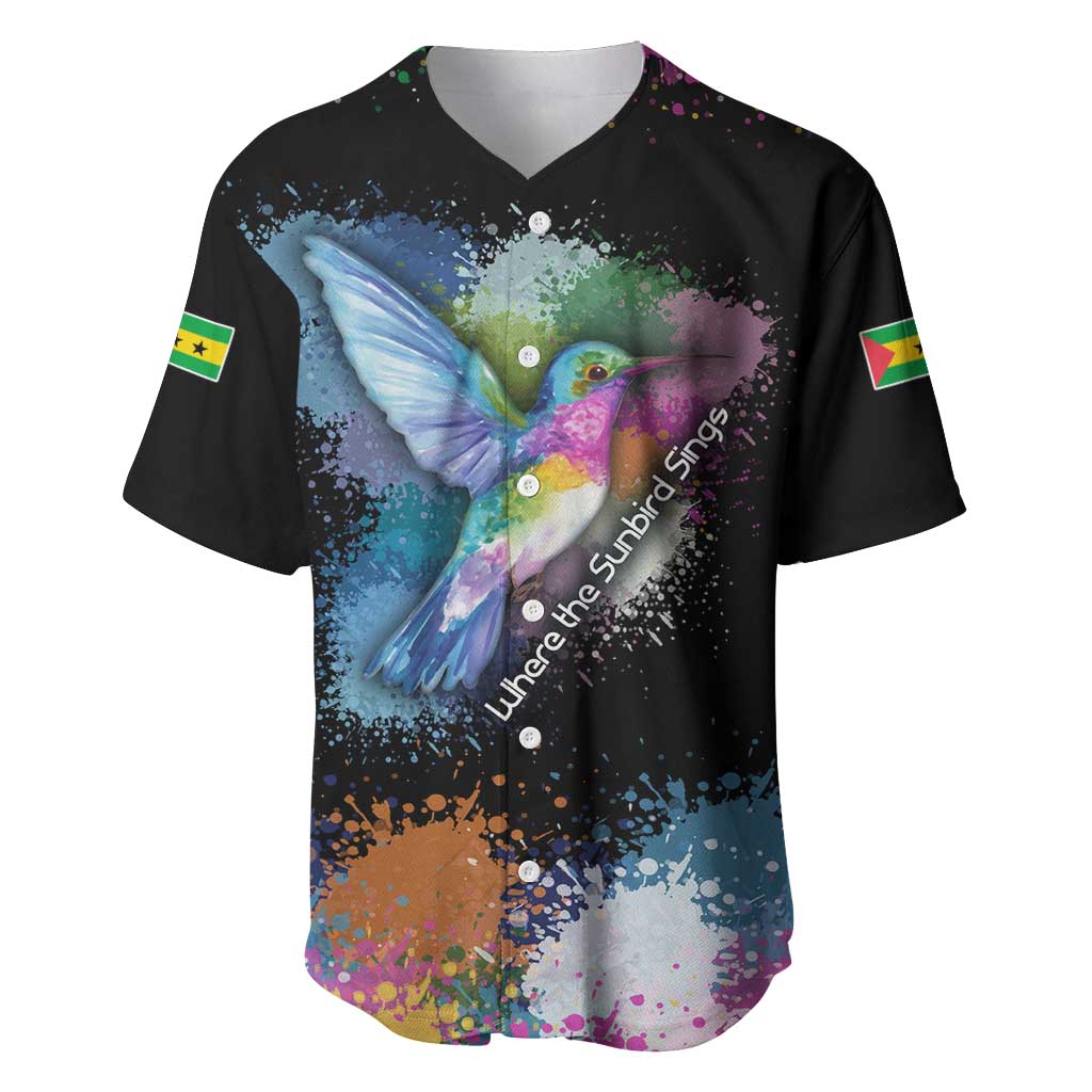 Where the Sunbird Sings Baseball Jersey with Sao Tome and Principe Flag and Color Splash Art