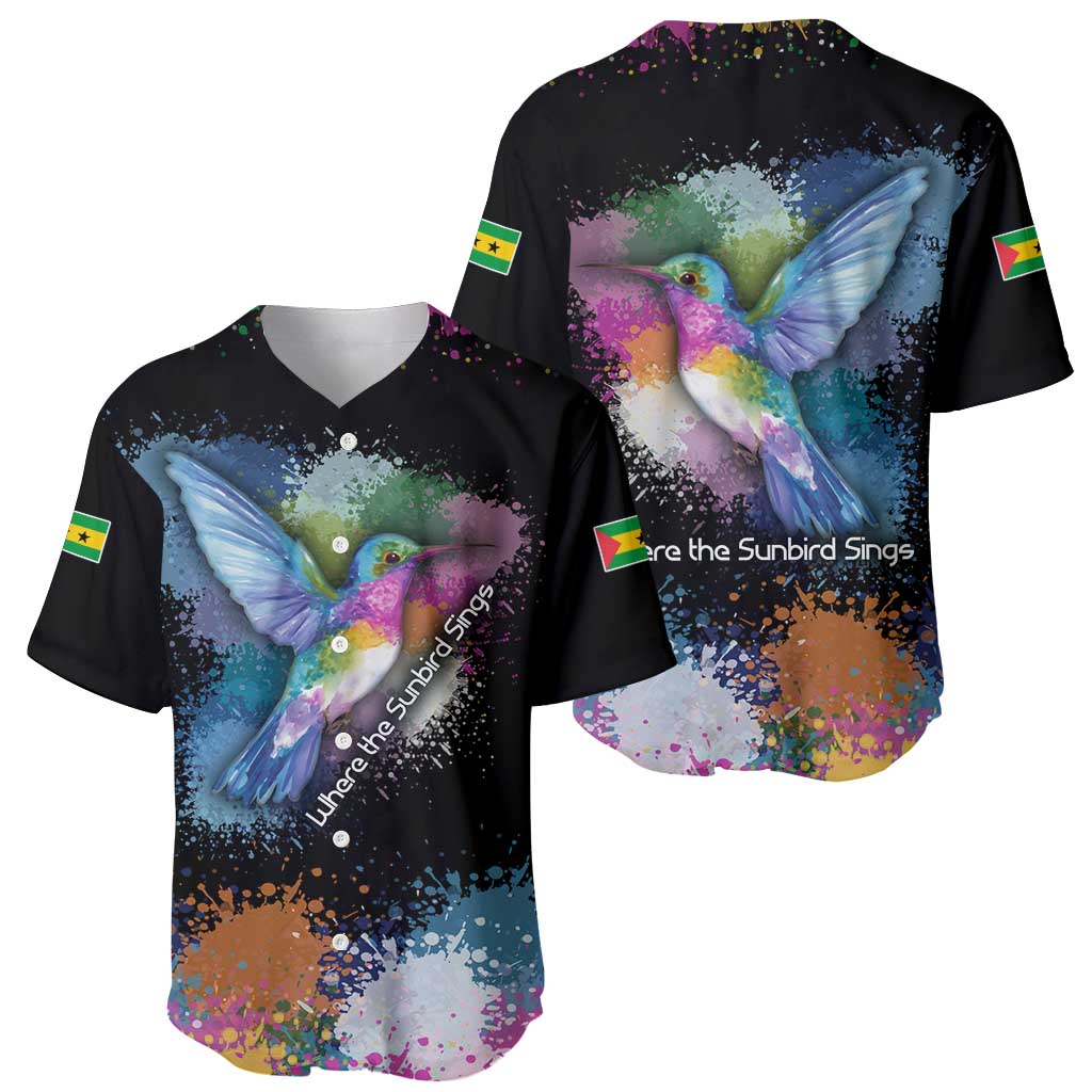 Where the Sunbird Sings Baseball Jersey with Sao Tome and Principe Flag and Color Splash Art