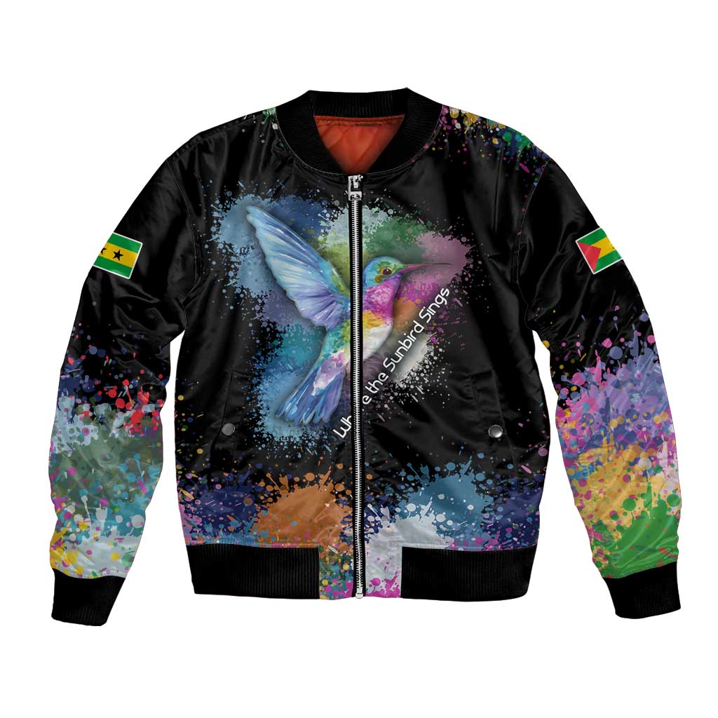 Where the Sunbird Sings Bomber Jacket with Sao Tome and Principe Flag and Color Splash Art