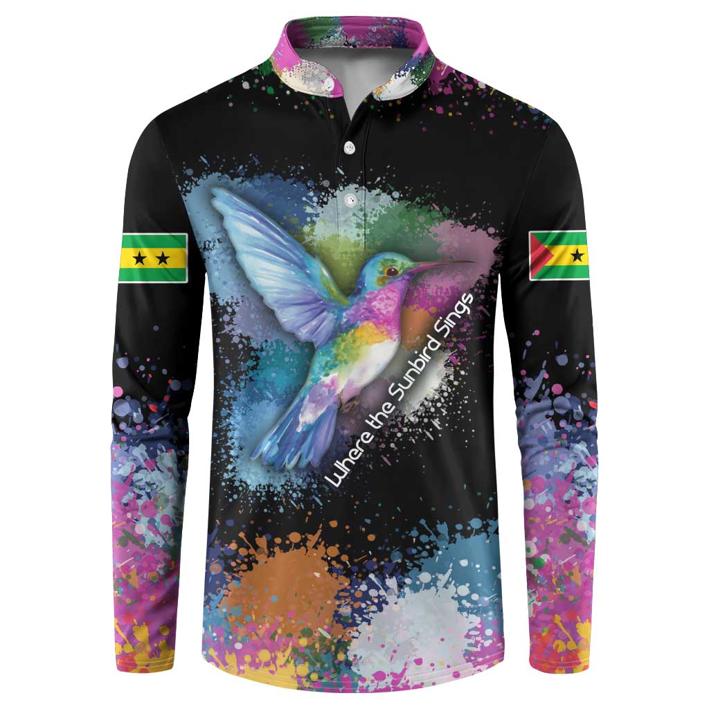 Where the Sunbird Sings Button Sweatshirt with Sao Tome and Principe Flag and Color Splash Art