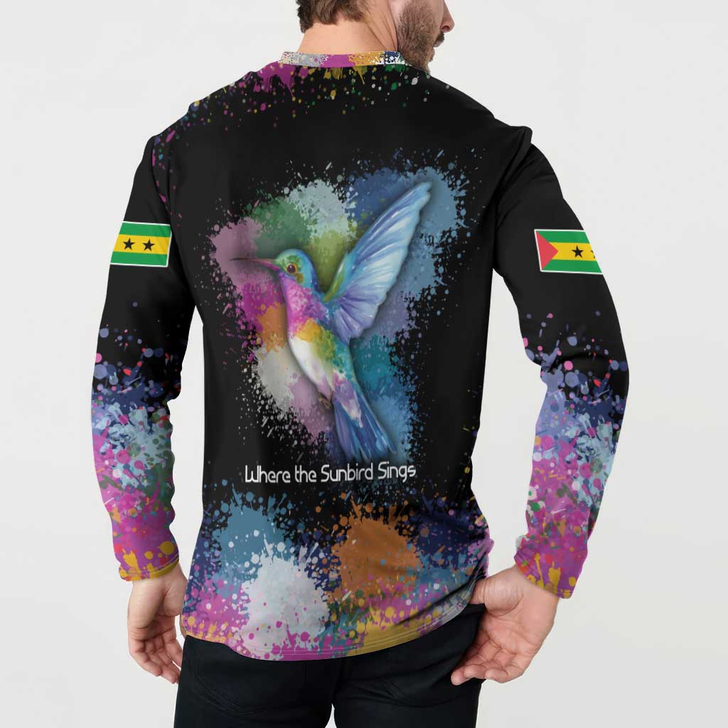 Where the Sunbird Sings Button Sweatshirt with Sao Tome and Principe Flag and Color Splash Art