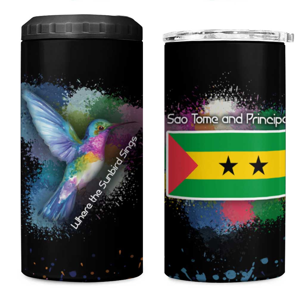 Where the Sunbird Sings 4 in 1 Can Cooler Tumbler with Sao Tome and Principe Flag and Color Splash Art