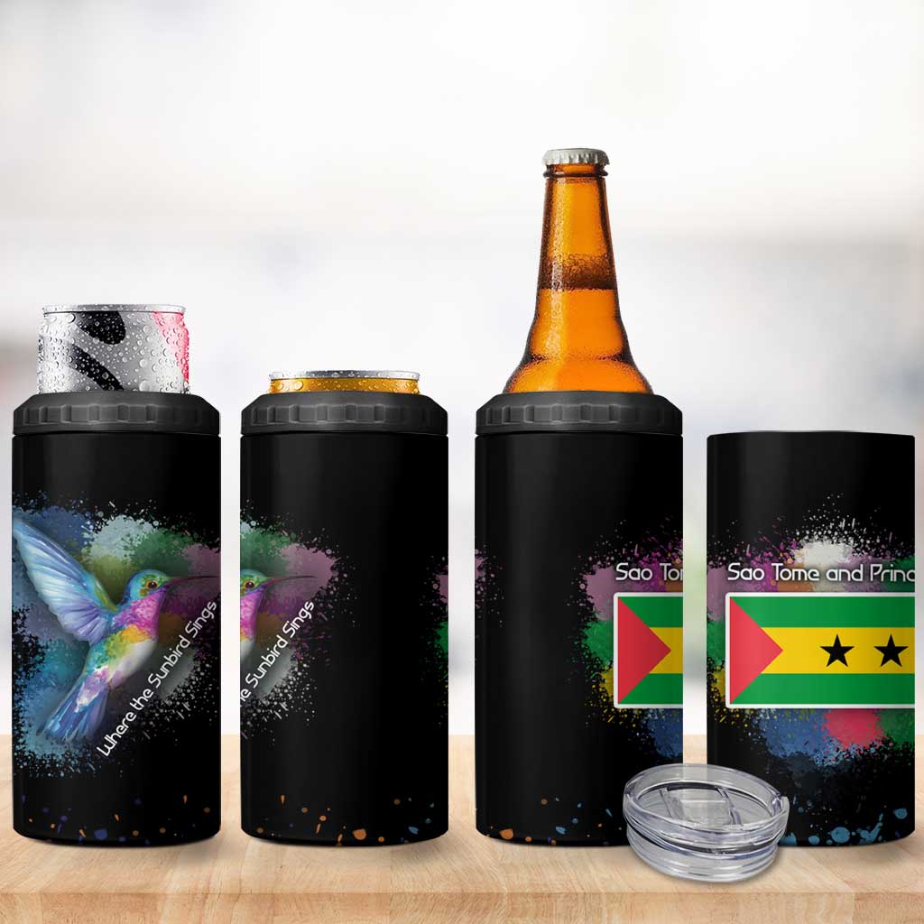 Where the Sunbird Sings 4 in 1 Can Cooler Tumbler with Sao Tome and Principe Flag and Color Splash Art