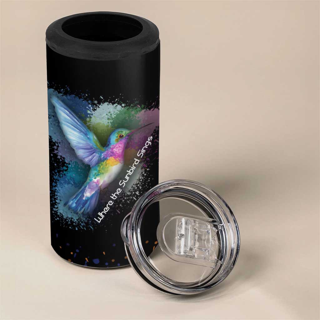 Where the Sunbird Sings 4 in 1 Can Cooler Tumbler with Sao Tome and Principe Flag and Color Splash Art