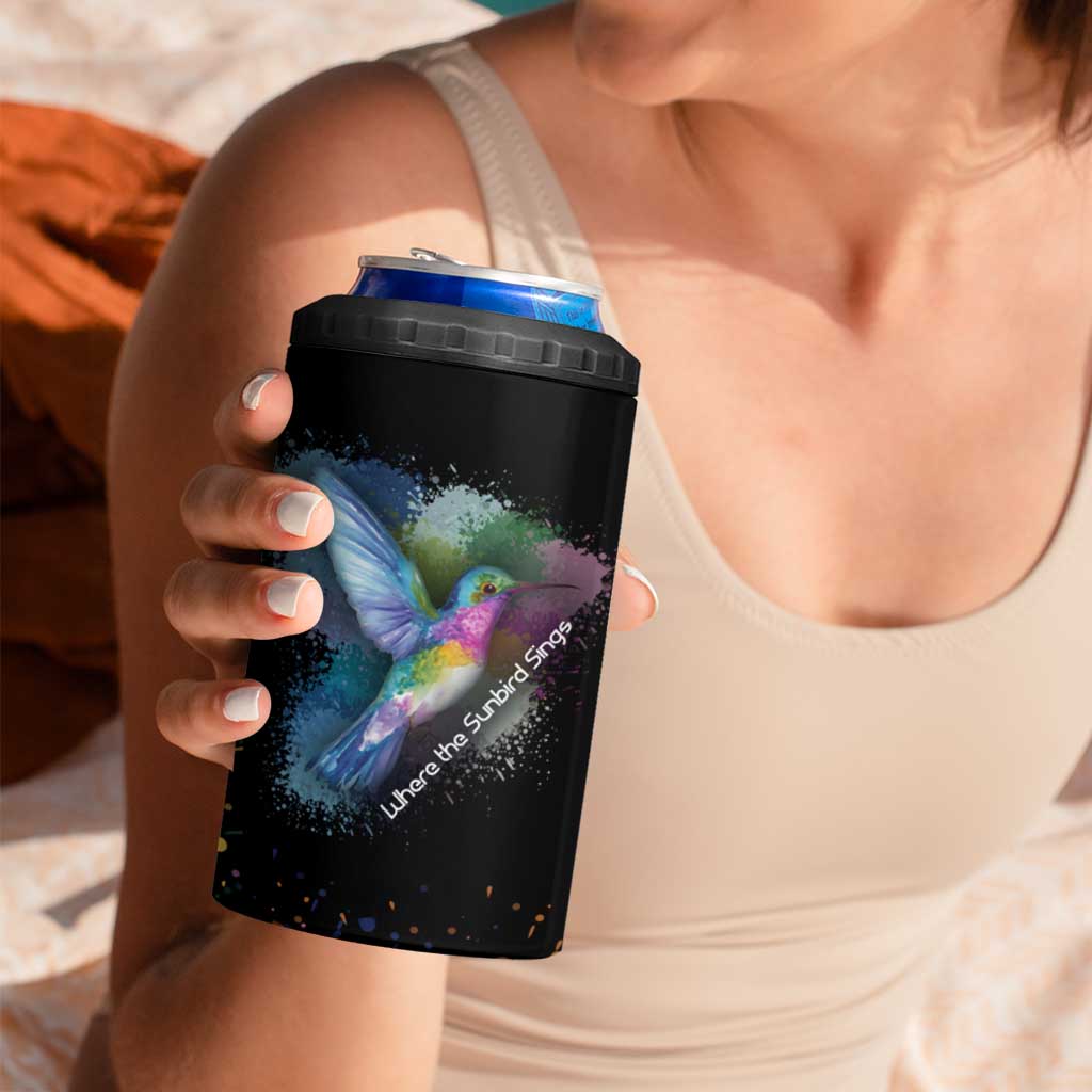 Where the Sunbird Sings 4 in 1 Can Cooler Tumbler with Sao Tome and Principe Flag and Color Splash Art