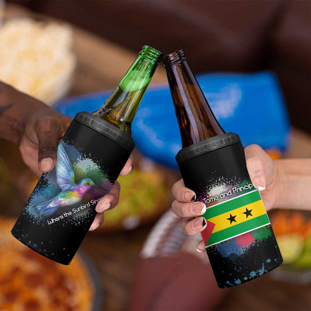 Where the Sunbird Sings 4 in 1 Can Cooler Tumbler with Sao Tome and Principe Flag and Color Splash Art