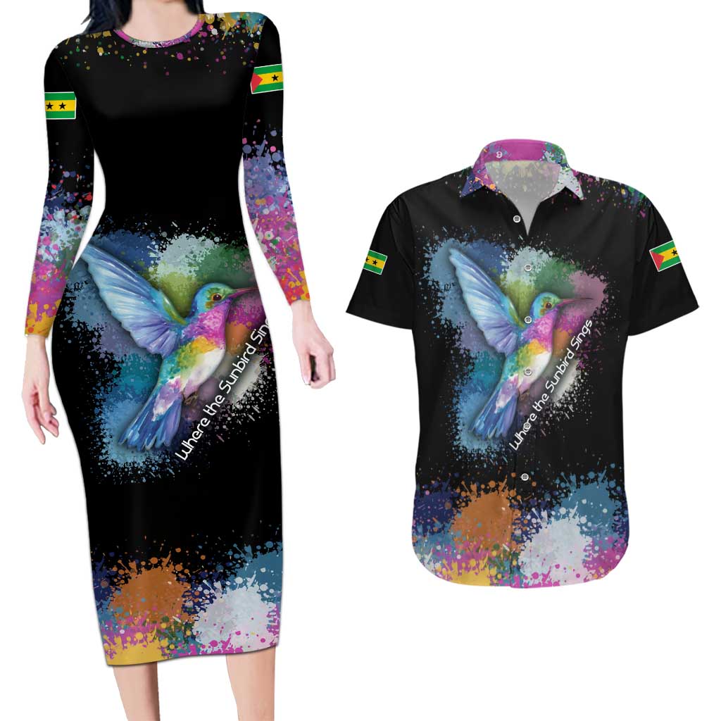 Where the Sunbird Sings Couples Matching Long Sleeve Bodycon Dress and Hawaiian Shirt with Sao Tome and Principe Flag and Color Splash Art