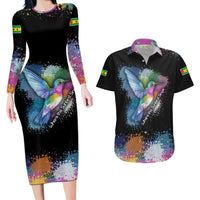 Where the Sunbird Sings Couples Matching Long Sleeve Bodycon Dress and Hawaiian Shirt with Sao Tome and Principe Flag and Color Splash Art