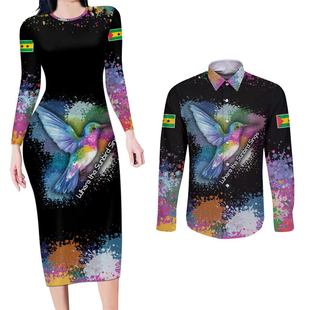 Where the Sunbird Sings Couples Matching Long Sleeve Bodycon Dress and Long Sleeve Button Shirt with Sao Tome and Principe Flag and Color Splash Art