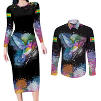 Where the Sunbird Sings Couples Matching Long Sleeve Bodycon Dress and Long Sleeve Button Shirt with Sao Tome and Principe Flag and Color Splash Art