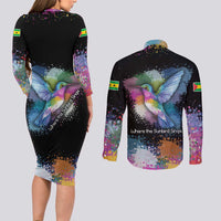 Where the Sunbird Sings Couples Matching Long Sleeve Bodycon Dress and Long Sleeve Button Shirt with Sao Tome and Principe Flag and Color Splash Art