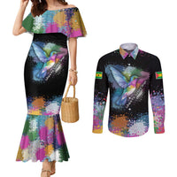 Where the Sunbird Sings Couples Matching Mermaid Dress and Long Sleeve Button Shirt with Sao Tome and Principe Flag and Color Splash Art
