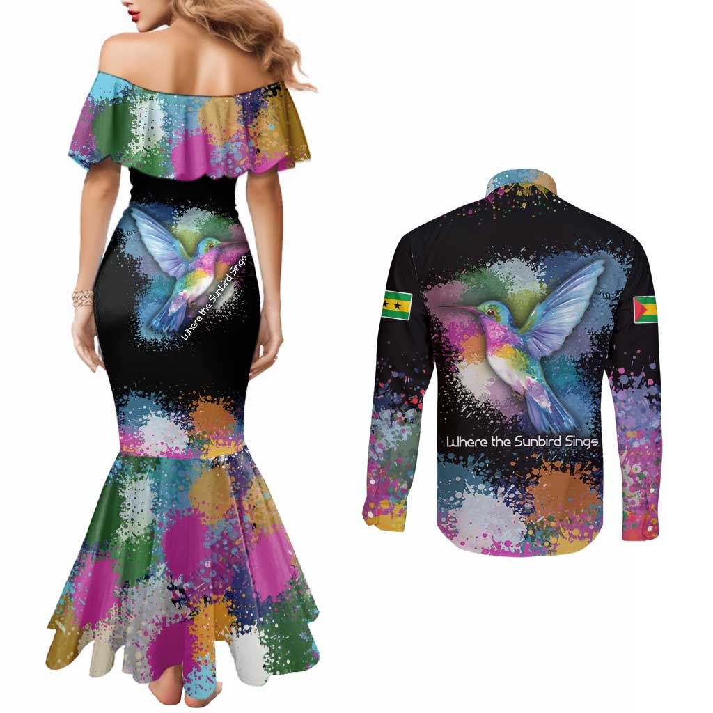 Where the Sunbird Sings Couples Matching Mermaid Dress and Long Sleeve Button Shirt with Sao Tome and Principe Flag and Color Splash Art