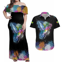 Where the Sunbird Sings Couples Matching Off Shoulder Maxi Dress and Hawaiian Shirt with Sao Tome and Principe Flag and Color Splash Art