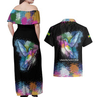 Where the Sunbird Sings Couples Matching Off Shoulder Maxi Dress and Hawaiian Shirt with Sao Tome and Principe Flag and Color Splash Art