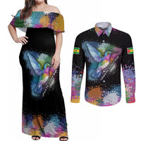 Where the Sunbird Sings Couples Matching Off Shoulder Maxi Dress and Long Sleeve Button Shirt with Sao Tome and Principe Flag and Color Splash Art
