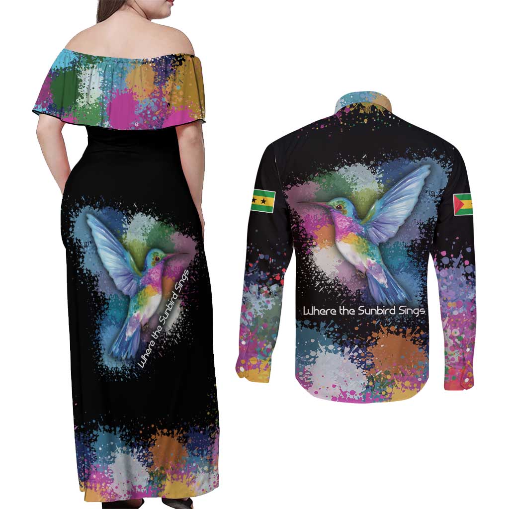 Where the Sunbird Sings Couples Matching Off Shoulder Maxi Dress and Long Sleeve Button Shirt with Sao Tome and Principe Flag and Color Splash Art