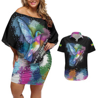 Where the Sunbird Sings Couples Matching Off Shoulder Short Dress and Hawaiian Shirt with Sao Tome and Principe Flag and Color Splash Art