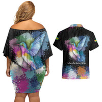 Where the Sunbird Sings Couples Matching Off Shoulder Short Dress and Hawaiian Shirt with Sao Tome and Principe Flag and Color Splash Art