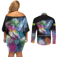 Where the Sunbird Sings Couples Matching Off Shoulder Short Dress and Long Sleeve Button Shirt with Sao Tome and Principe Flag and Color Splash Art