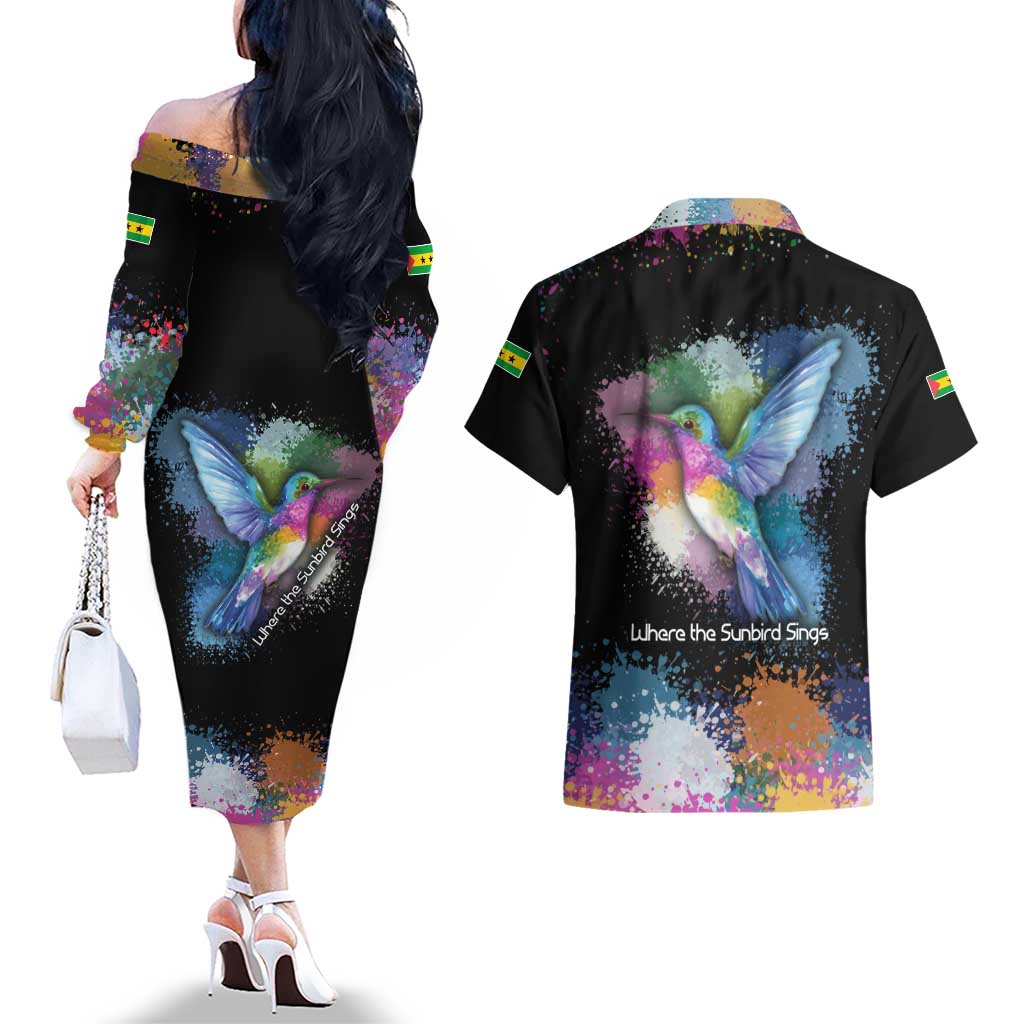 Where the Sunbird Sings Couples Matching Off The Shoulder Long Sleeve Dress and Hawaiian Shirt with Sao Tome and Principe Flag and Color Splash Art