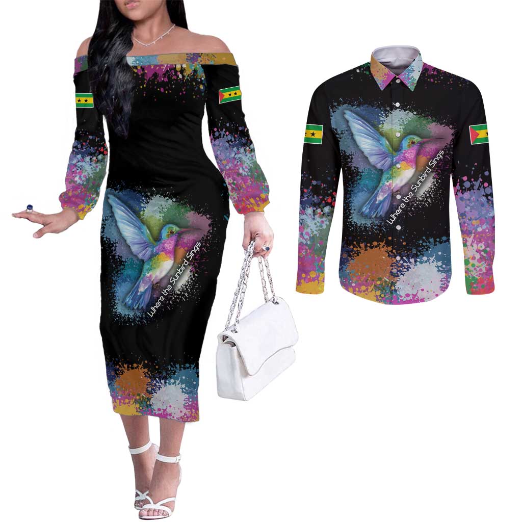 Where the Sunbird Sings Couples Matching Off The Shoulder Long Sleeve Dress and Long Sleeve Button Shirt with Sao Tome and Principe Flag and Color Splash Art
