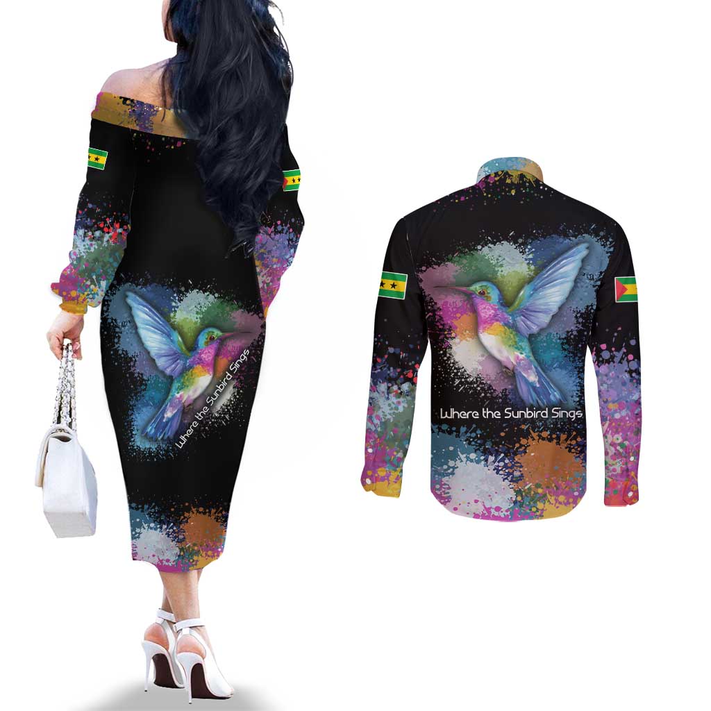 Where the Sunbird Sings Couples Matching Off The Shoulder Long Sleeve Dress and Long Sleeve Button Shirt with Sao Tome and Principe Flag and Color Splash Art