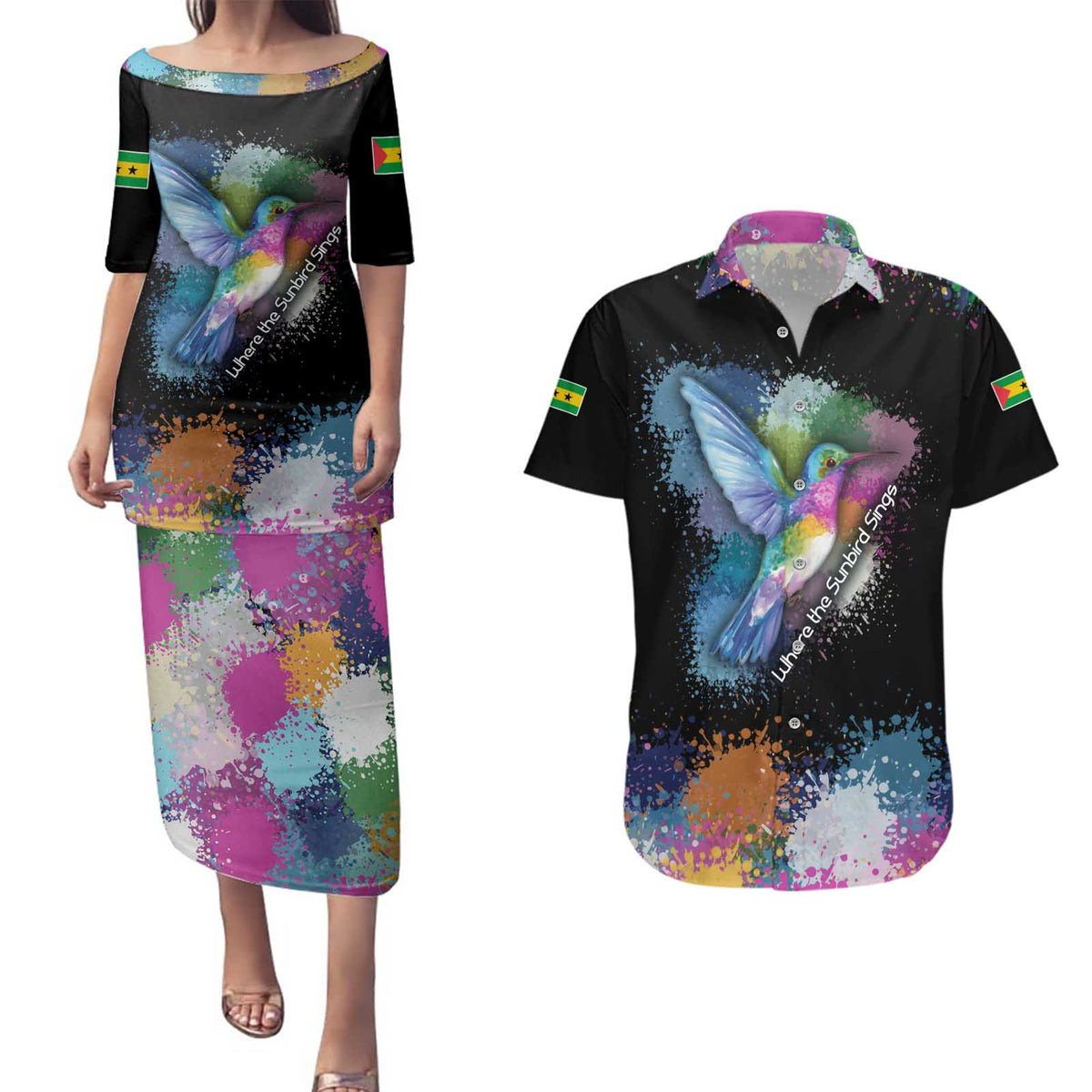 Where the Sunbird Sings Couples Matching Puletasi and Hawaiian Shirt with Sao Tome and Principe Flag and Color Splash Art