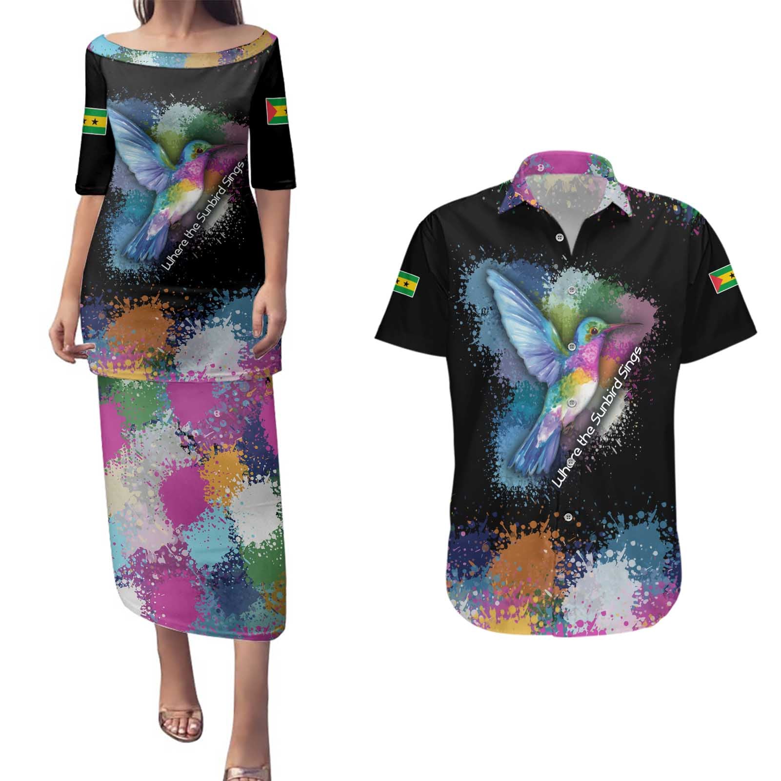 Where the Sunbird Sings Couples Matching Puletasi and Hawaiian Shirt with Sao Tome and Principe Flag and Color Splash Art