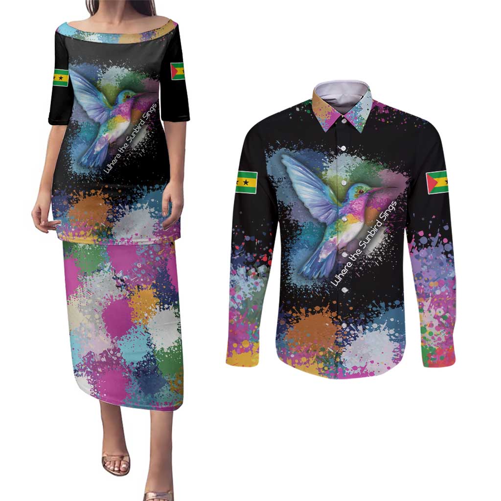 Where the Sunbird Sings Couples Matching Puletasi and Long Sleeve Button Shirt with Sao Tome and Principe Flag and Color Splash Art