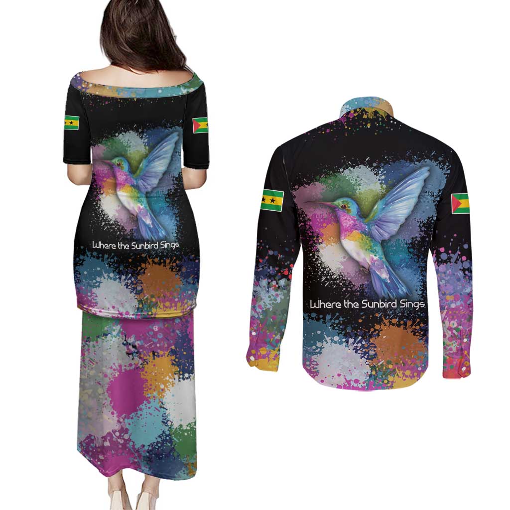 Where the Sunbird Sings Couples Matching Puletasi and Long Sleeve Button Shirt with Sao Tome and Principe Flag and Color Splash Art