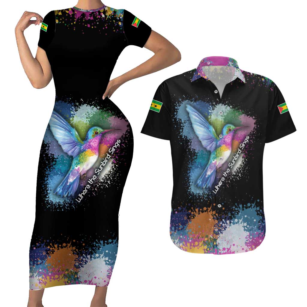Where the Sunbird Sings Couples Matching Short Sleeve Bodycon Dress and Hawaiian Shirt with Sao Tome and Principe Flag and Color Splash Art