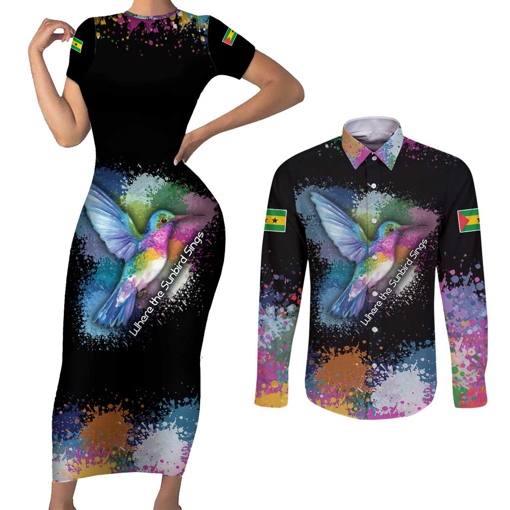 Where the Sunbird Sings Couples Matching Short Sleeve Bodycon Dress and Long Sleeve Button Shirt with Sao Tome and Principe Flag and Color Splash Art