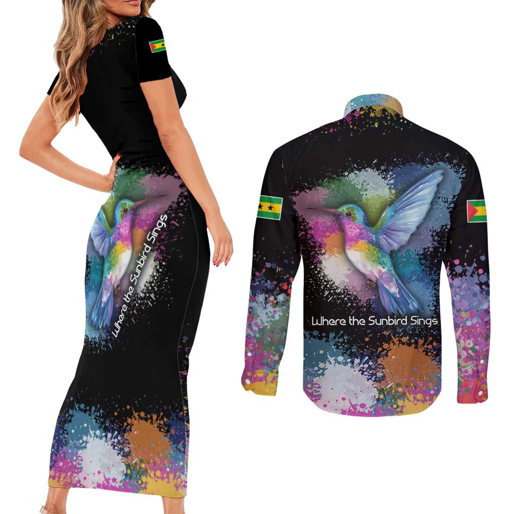 Where the Sunbird Sings Couples Matching Short Sleeve Bodycon Dress and Long Sleeve Button Shirt with Sao Tome and Principe Flag and Color Splash Art