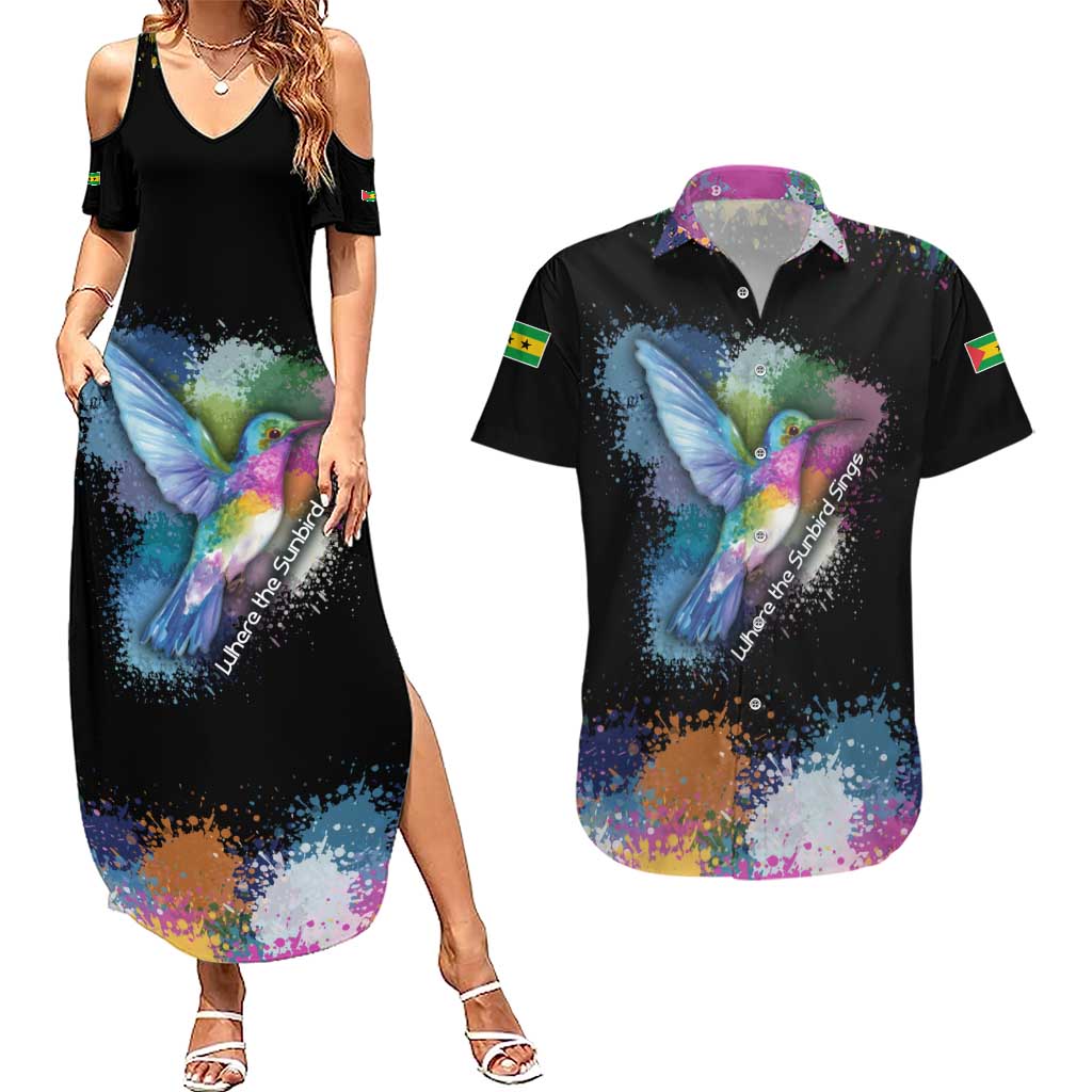 Where the Sunbird Sings Couples Matching Summer Maxi Dress and Hawaiian Shirt with Sao Tome and Principe Flag and Color Splash Art