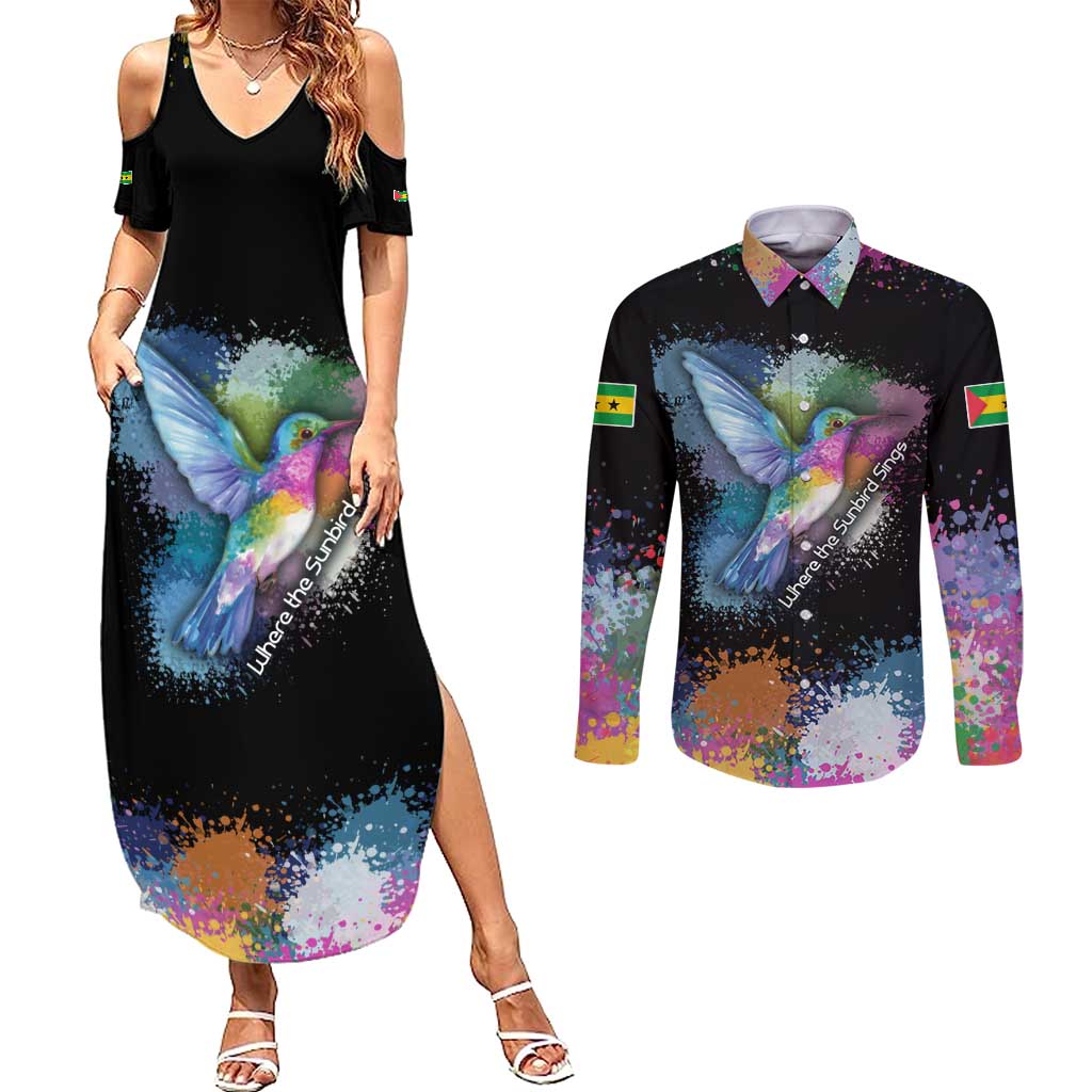 Where the Sunbird Sings Couples Matching Summer Maxi Dress and Long Sleeve Button Shirt with Sao Tome and Principe Flag and Color Splash Art