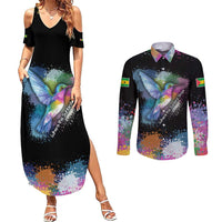 Where the Sunbird Sings Couples Matching Summer Maxi Dress and Long Sleeve Button Shirt with Sao Tome and Principe Flag and Color Splash Art