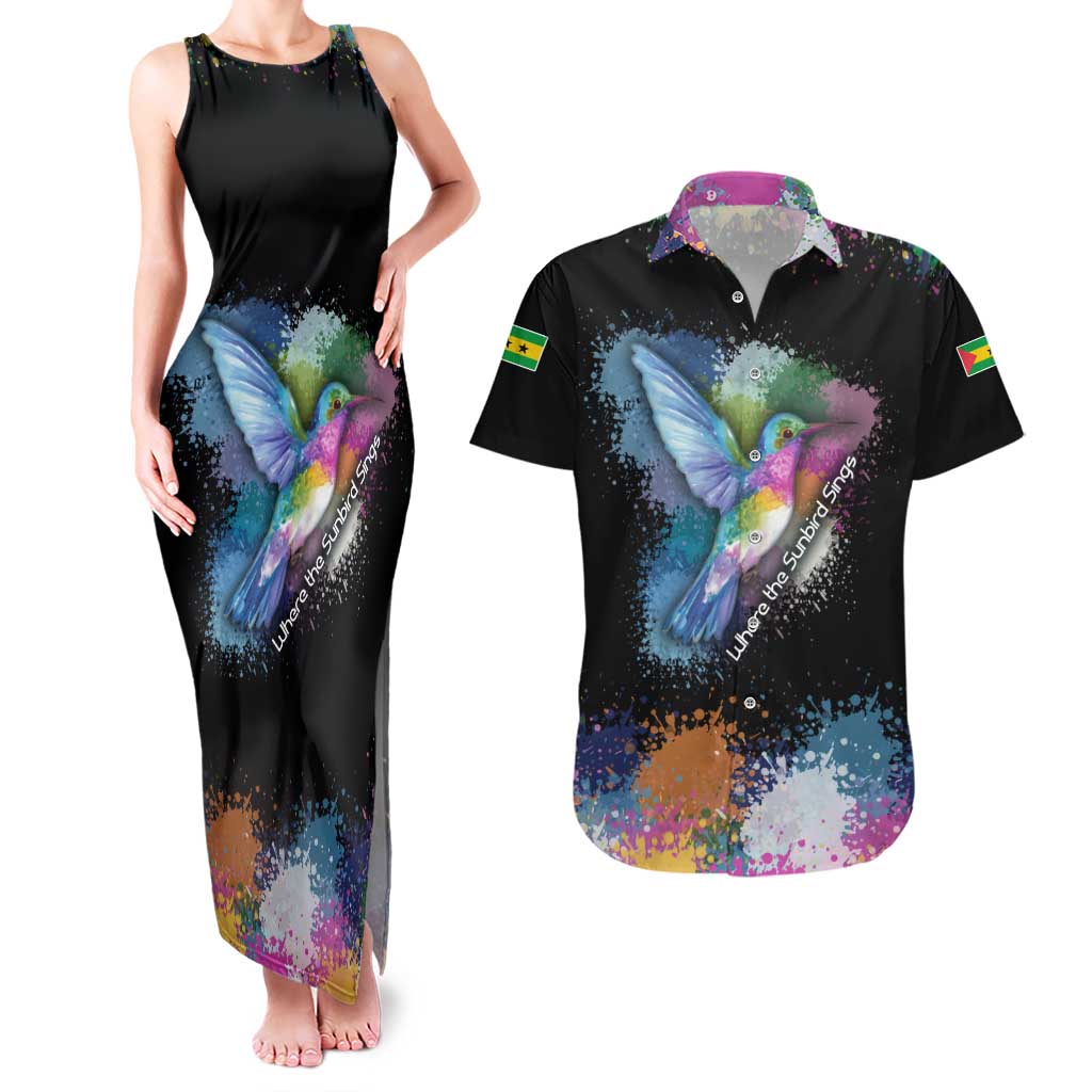 Where the Sunbird Sings Couples Matching Tank Maxi Dress and Hawaiian Shirt with Sao Tome and Principe Flag and Color Splash Art