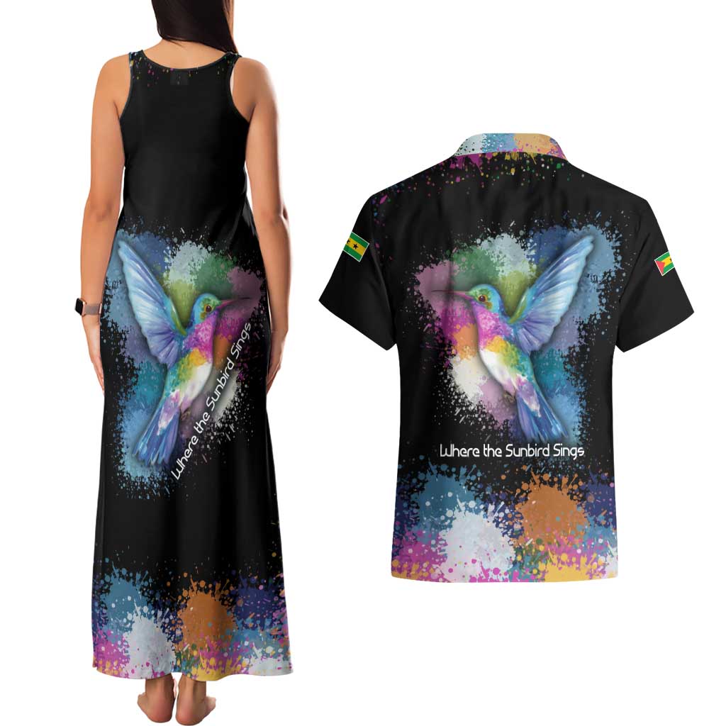 Where the Sunbird Sings Couples Matching Tank Maxi Dress and Hawaiian Shirt with Sao Tome and Principe Flag and Color Splash Art