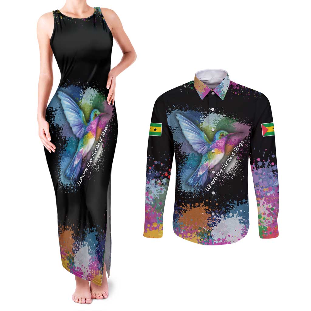 Where the Sunbird Sings Couples Matching Tank Maxi Dress and Long Sleeve Button Shirt with Sao Tome and Principe Flag and Color Splash Art