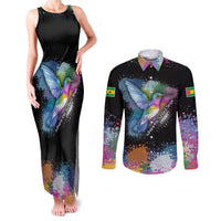Where the Sunbird Sings Couples Matching Tank Maxi Dress and Long Sleeve Button Shirt with Sao Tome and Principe Flag and Color Splash Art