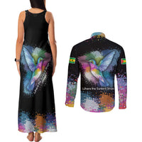 Where the Sunbird Sings Couples Matching Tank Maxi Dress and Long Sleeve Button Shirt with Sao Tome and Principe Flag and Color Splash Art