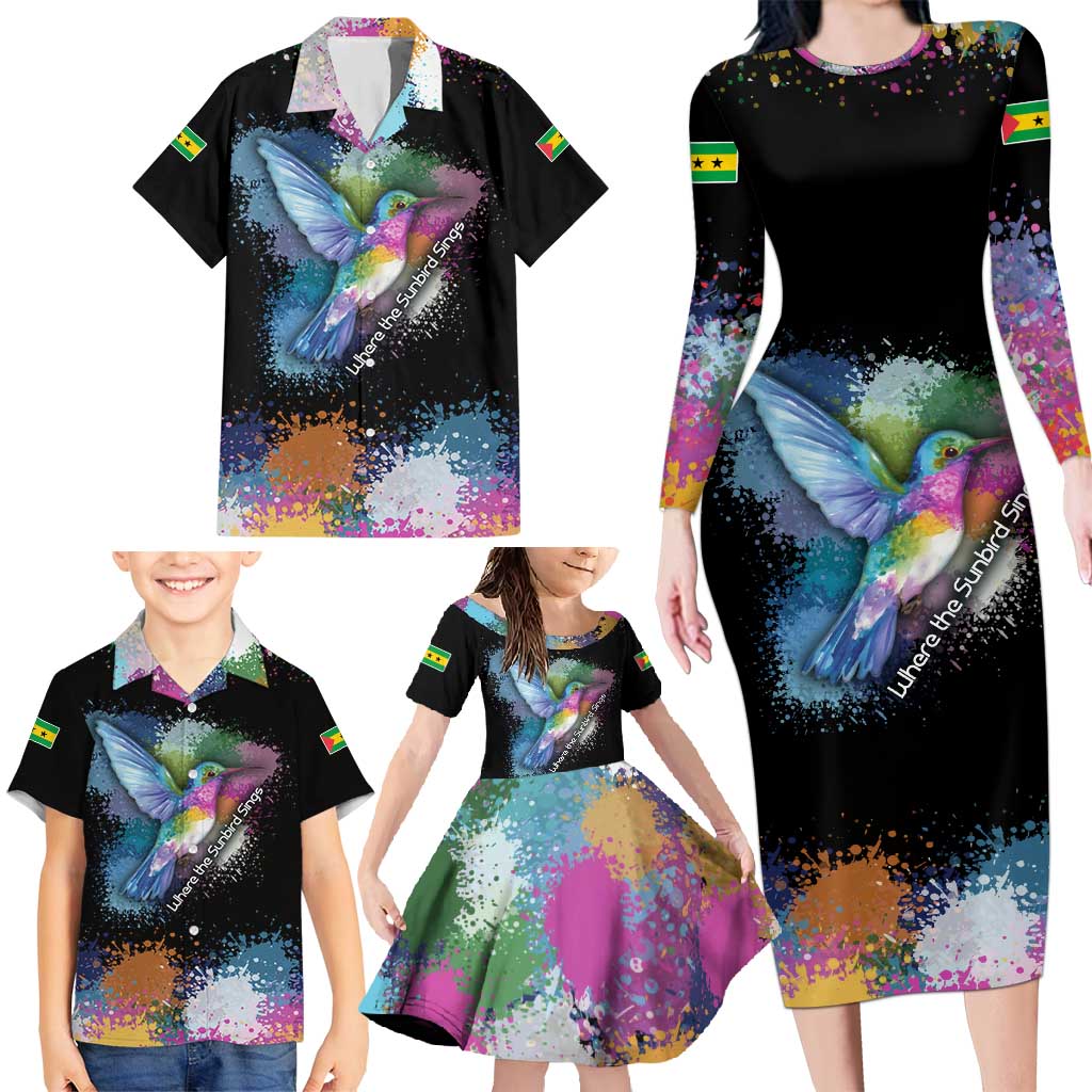 Where the Sunbird Sings Family Matching Long Sleeve Bodycon Dress and Hawaiian Shirt with Sao Tome and Principe Flag and Color Splash Art