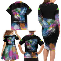 Where the Sunbird Sings Family Matching Long Sleeve Bodycon Dress and Hawaiian Shirt with Sao Tome and Principe Flag and Color Splash Art